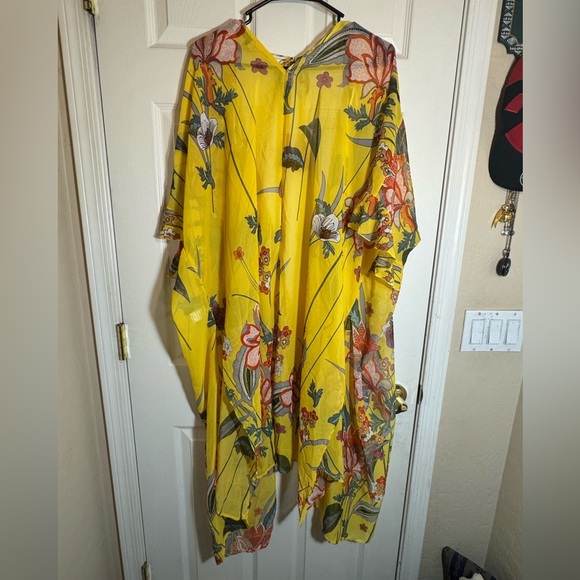 Gigio Yellow Floral Side Slit Kimono Lightweight Cover-up Cape XL - Picture 5 of 11